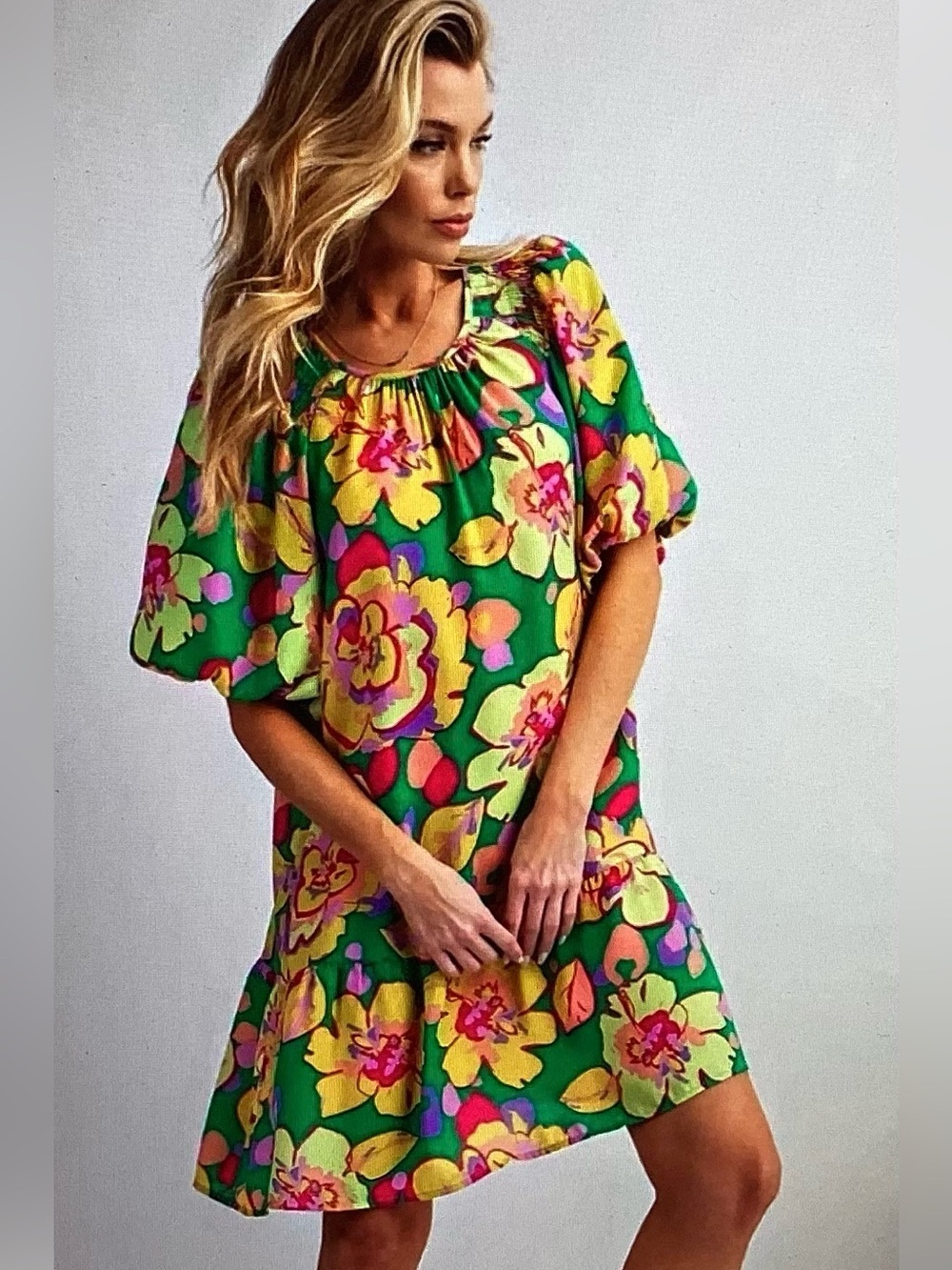 Easel Vibrant Green Floral Flowy Silhouette Dress
